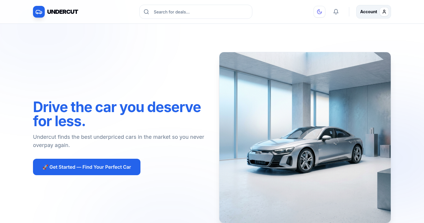 Undercut homepage: hero section with a deal search bar and a featured underpriced listing